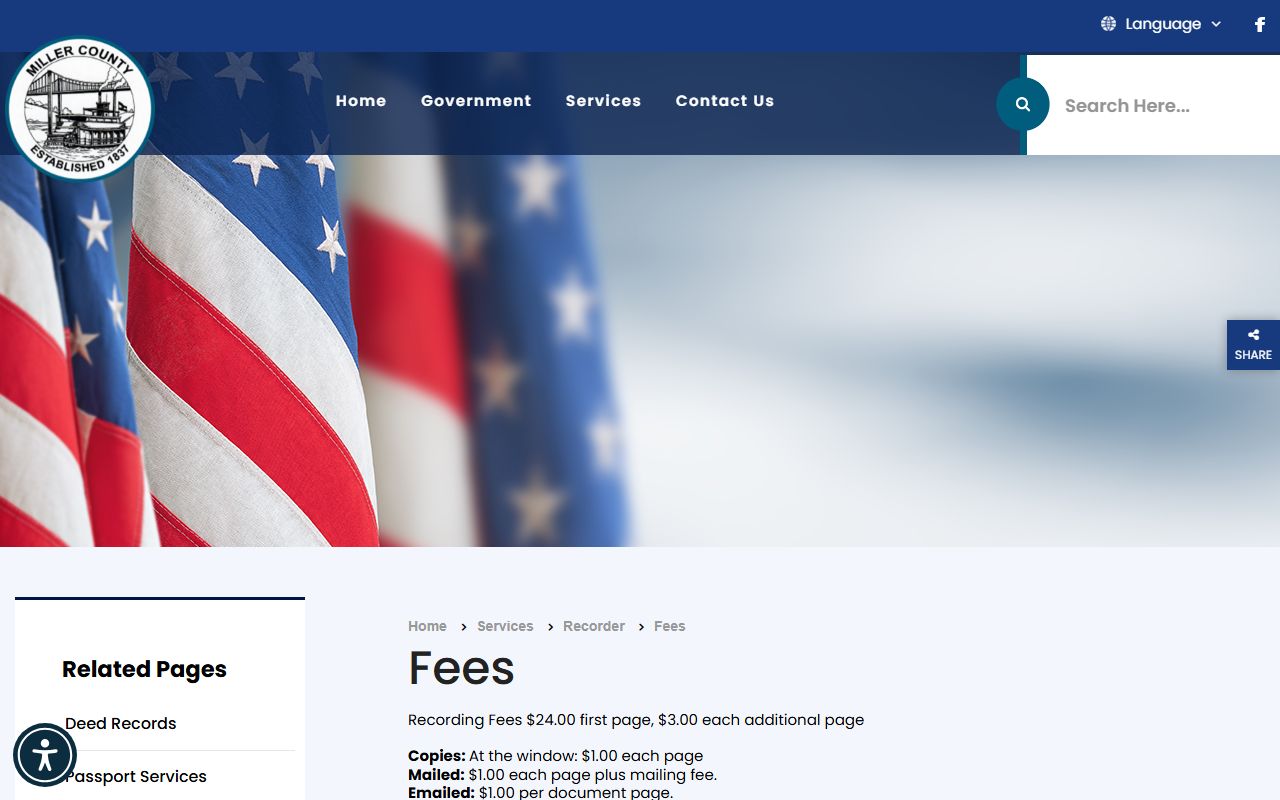 Miller County Recorder fee page separate from Circuit Clerk court fees