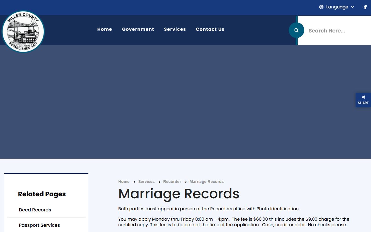 Miller County marriage records page for Recorder of Deeds requirements
