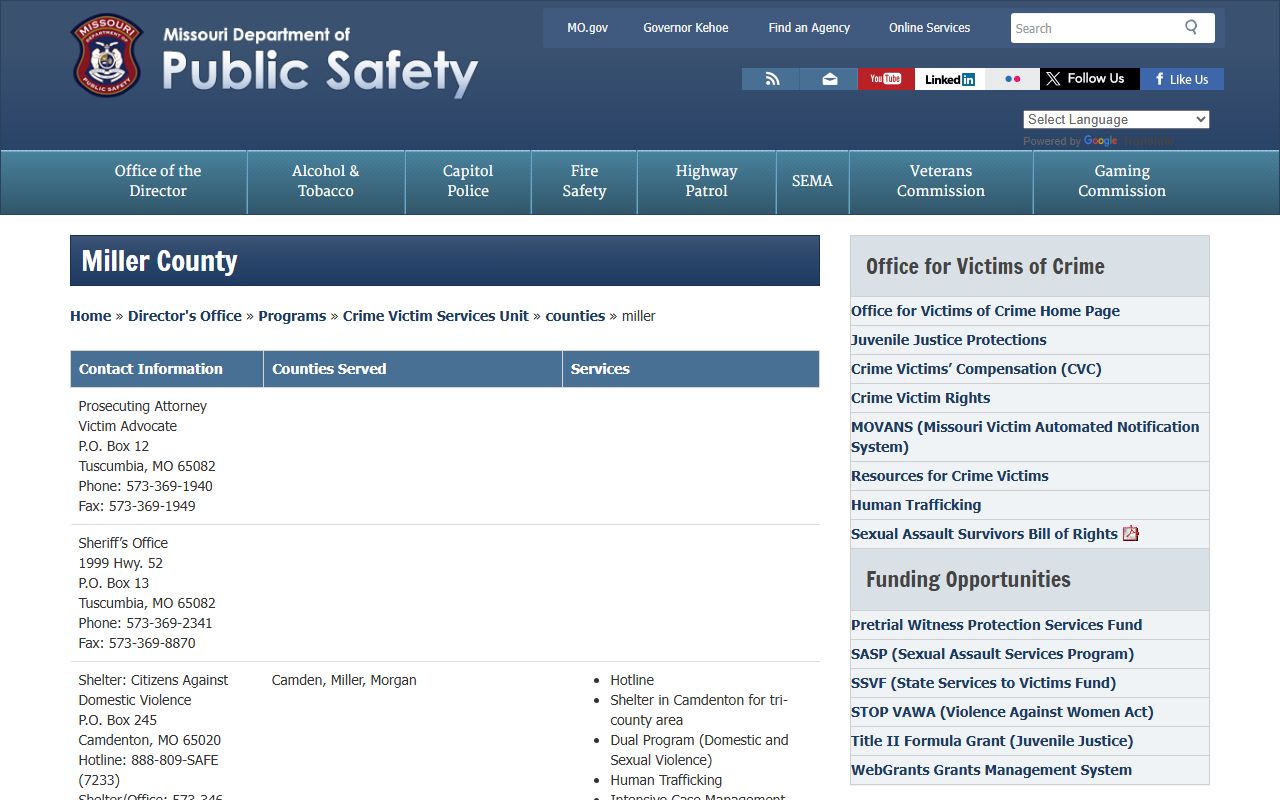 Miller County criminal court records victim services contact page