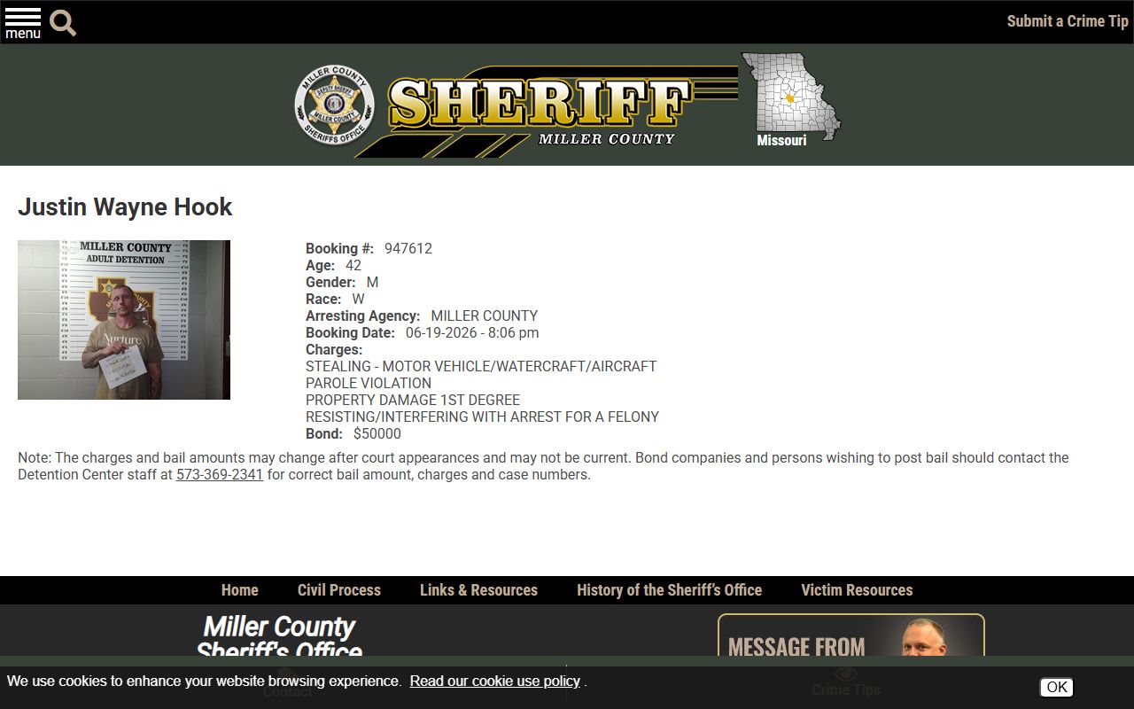 Miller County inmate search sample profile with booking number charges and bond fields