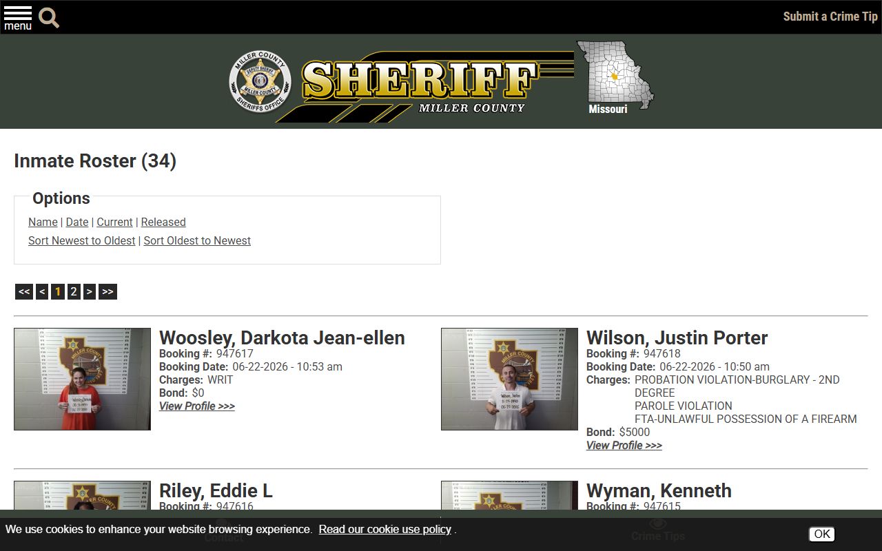 Miller County inmate roster list showing booking numbers charges and bond fields