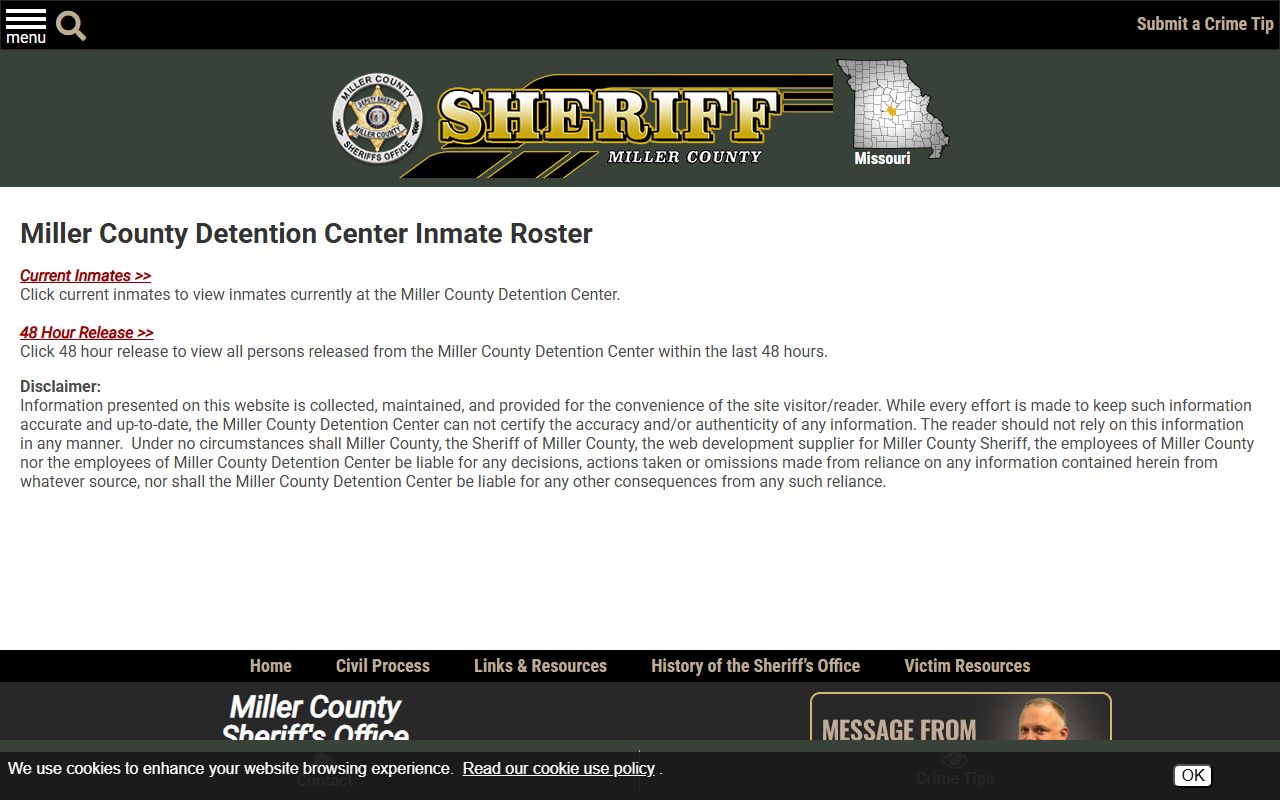 Miller County inmate search roster choice page for current inmates and releases
