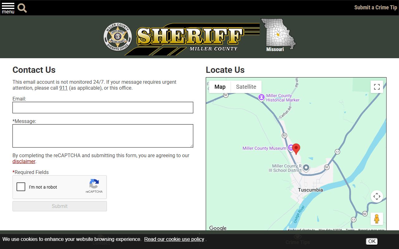 Miller County inmate search sheriff contact page with office address phone and contact form