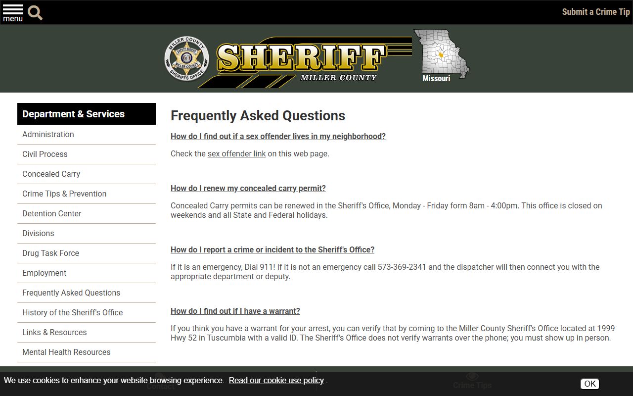 Miller County inmate search sheriff FAQ page with jail and warrant contact information