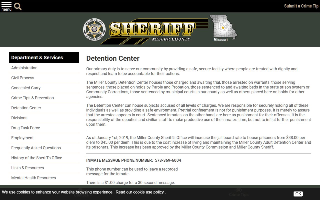 Miller County Detention Center page for inmate visitation mail phones and commissary rules